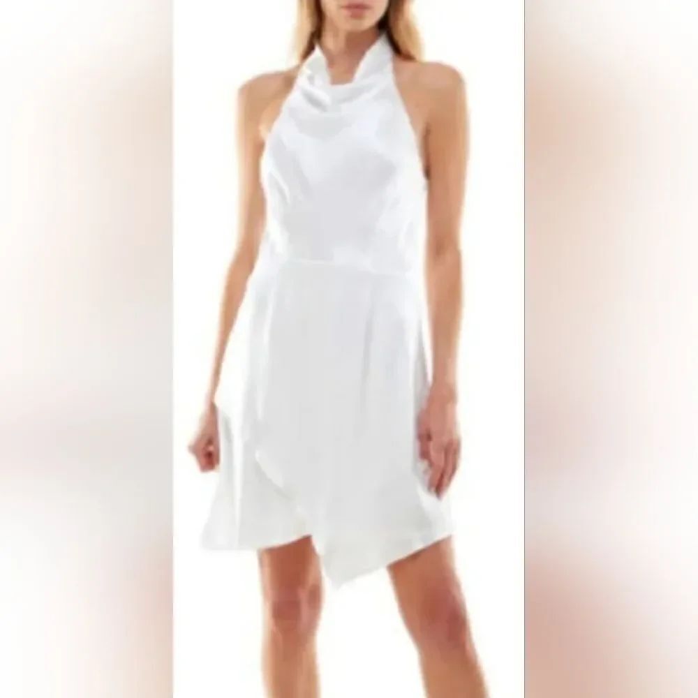 Socialite Cowl Halter Mini Satin Faux-wrap Dress White Large Nwot